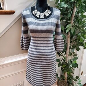 Elegant Gray Striped Long Sleeve Dress